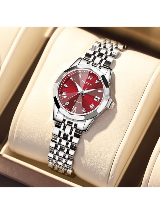 Women\'s Red Dial Diamond Silver Stainless Steel Waterproof Elegant Luxury Watch main image 4